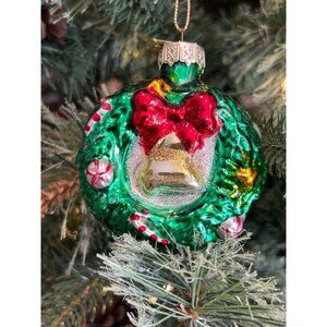 Vintage Thomas Pacconi Hand Blown Glass Wreath Ornament With Bow & Bell Holiday